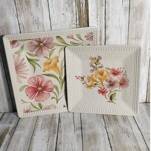 Set  2 Replacement Square Floral Plates with Beaded Edge Texas Inspired Design